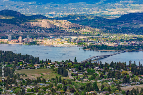 A view of the Kelowna Skyline, Okanagan Lake and the William R Bennett Bridge from Mount Boucherie in West Kelowna British Columbia Canada
