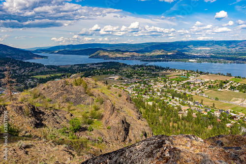 A view of the Kelowna Skyline, Okanagan Lake and the William R Bennett Bridge from Mount Boucherie in West Kelowna British Columbia Canada