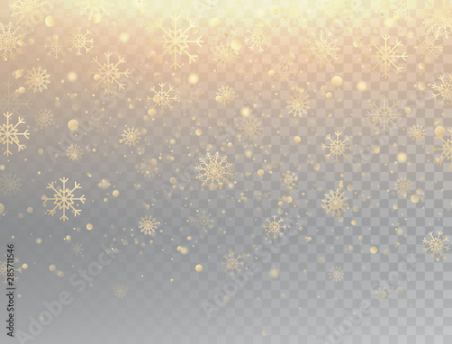 Gold snowflakes with sparkles. Realistic falling snowflakes isolated on transparent background. Winter background with snow. Magic golden snowfall texture. Christmas design. Vector illustration