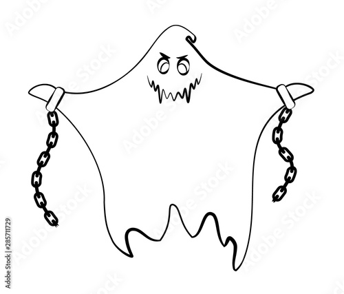 Contour ghost on a white background. Monster with shackles and chains. Character for decorating the Halloween festival.