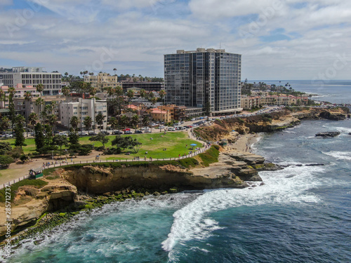 Aerial view of La Jolla Cove, small picturesque cove and beach surrounded by cliffs, San Diego, California. Protected marine reserve, popular with snorkelers and swimmers. Travel destination. photo