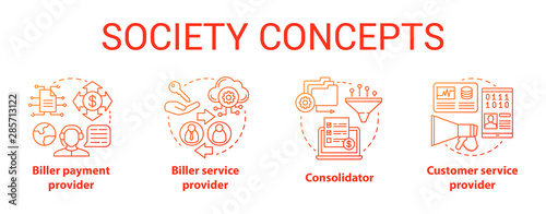 Billing concept icons set. Society idea thin line illustrations. Consolidator and customer service. E-commerce. Biller payment and service provider. Vector isolated outline drawings. Editable stroke