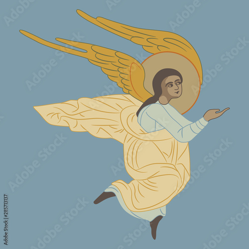 Silhouette of beautiful flying angel. Christian Russian icon.