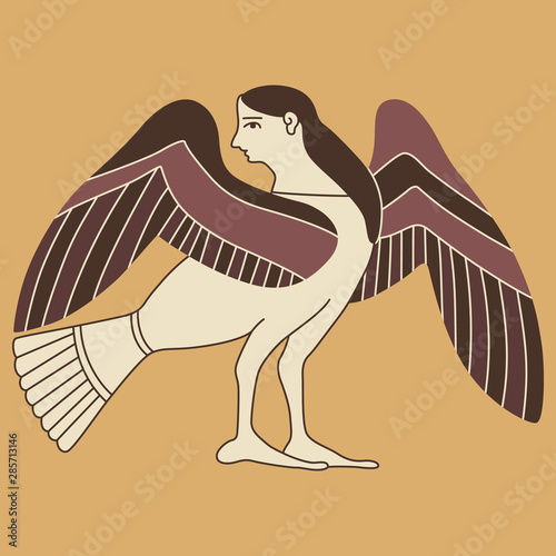 Ancient Greek Siren or Harpy. Half bird half woman. Fantastic mythological animal. Vase painting.