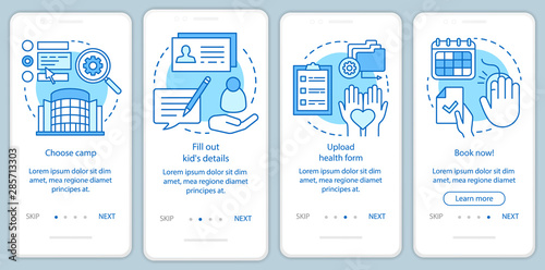 Camp booking onboarding mobile app page screen with linear concepts.Child holiday vacation reserving walkthrough steps graphic instructions. UX, UI, GUI vector template with illustrations