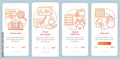 Camp booking onboarding mobile app page screen vector template. Child holiday vacation reserving. Walkthrough website steps with linear illustrations. UX, UI, GUI smartphone interface concept