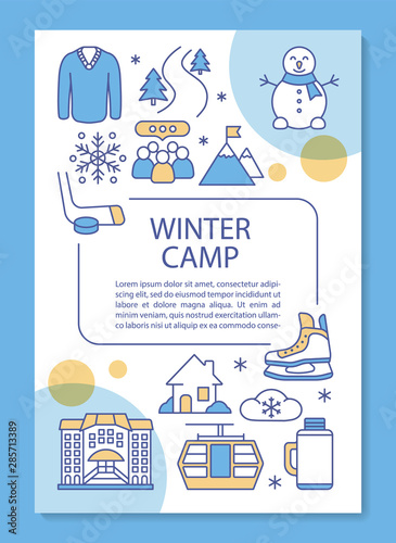 Seasonal winter holiday resort brochure template layout. Flyer, booklet, leaflet print design with linear illustrations. Vector page layouts for magazines, annual reports, advertising posters