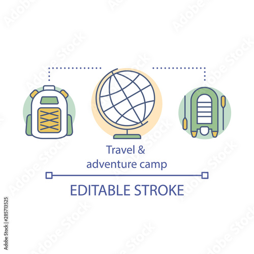 Adventure and travel camp concept icon. Hiking, camping club, holiday resort idea thin line illustration. Backpacking in woods, travelling in forest. Vector isolated outline drawing. Editable stroke