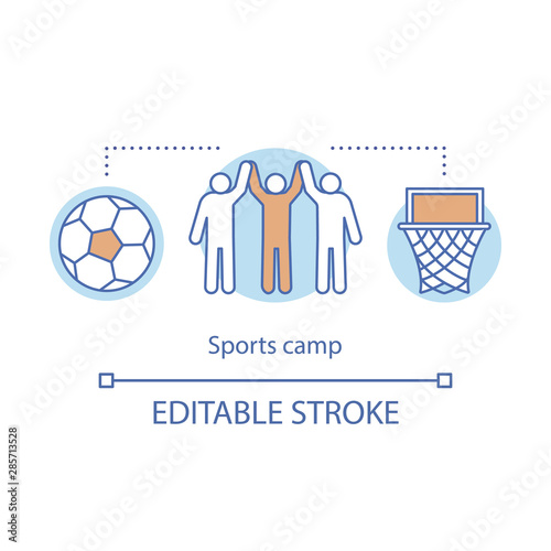 Sports, training camp concept icon. Summer active club, holiday resort idea thin line illustration. Sport, health oriented community. Vector isolated outline drawing. Editable stroke
