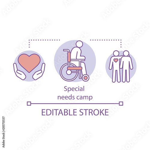 Special needs, handicap camp concept icon. Summer charity club, community idea thin line illustration. Social aid, assistance organisation. Vector isolated outline drawing. Editable stroke