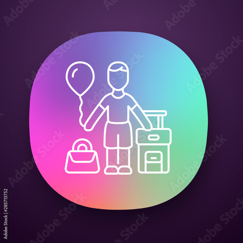 Immigrant child app icon. Kid travel abroad. Holiday, tourism. Traveler with air balloon, carry on handbag and suitcase. UI/UX user interface. Web or mobile application. Vector isolated illustration