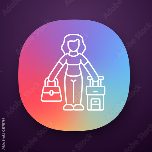 Immigrant woman app icon. Traveler, holidaymaker, passenger with handbag and suitcase. Travelling abroad. Tourist trip. UI/UX user interface. Web or mobile application. Vector isolated illustration