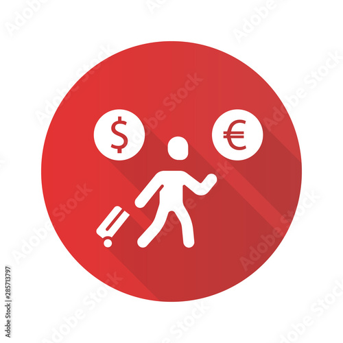 Economic migrant red flat design long shadow glyph icon. Person searching new home. Business immigrant. Refugee with luggage. Travelling abroad. Vector silhouette illustration