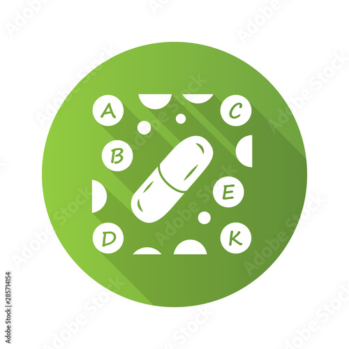 Vitamin pills green flat design long shadow glyph icon. A, B, C, D, E, K multi vitamins complex. Multivitamin medication. Vital minerals. Healthcare and medicine. Vector silhouette illustration