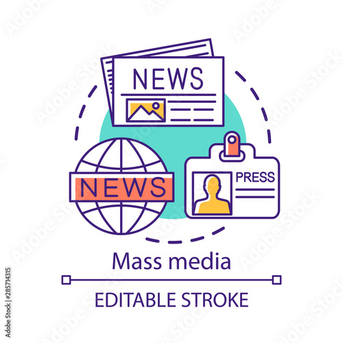 Mass media concept icon. News agency. Journalism. Information channel. Review of world events. Newspaper editorial office idea thin line illustration. Vector isolated outline drawing. Editable stroke