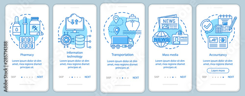 Service industries onboarding mobile app page screen with linear concepts. Media, information technology. Five walkthrough steps graphic instructions. UX, UI, GUI vector template with illustrations