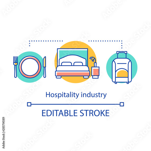 Hospitality industry concept icon. Lodging, food and drink service. Tourism and travel. Hotel accommodation with meals idea thin line illustration. Vector isolated outline drawing. Editable stroke