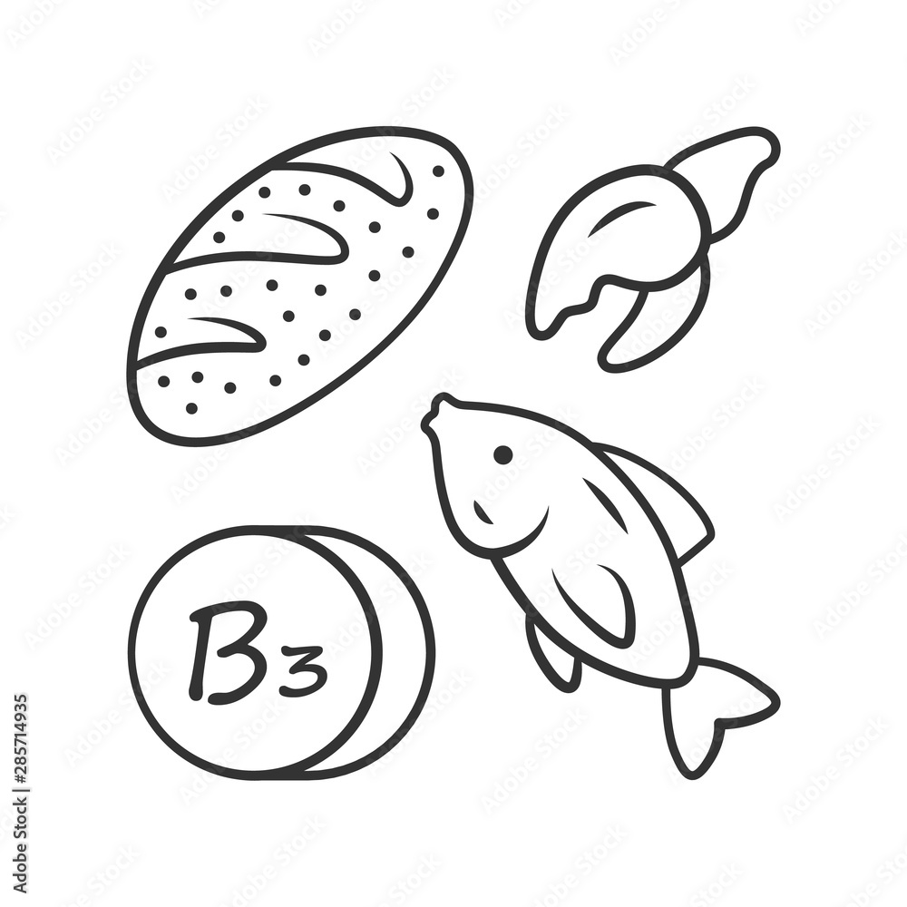 Vitamin B3 linear icon. Bread, fish and seafood. Healthy eating. Nicotinic acid. Vitamin PP, niacin food source. Thin line illustration. Contour symbol. Vector isolated drawing. Editable stroke Vitamin B3 linear icon. Bread, fish and seafood. Healthy eating. Nicotinic acid. Vitamin PP, niacin food source. Thin line illustration. Contour symbol. Vector isolated drawing. Editable stroke