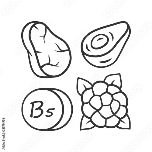 Vitamin B5 linear icon. Meat, avocado and cauliflower. Healthy eating. Pantothenic acid natural food source. Thin line illustration. Contour symbol. Vector isolated outline drawing. Editable stroke