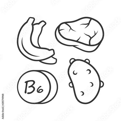 Vitamin B6 linear icon. Meat, banana and potato. Healthy eating. Pyridoxine natural food source. Thin line illustration. Contour symbol. Vector isolated outline drawing. Editable stroke
