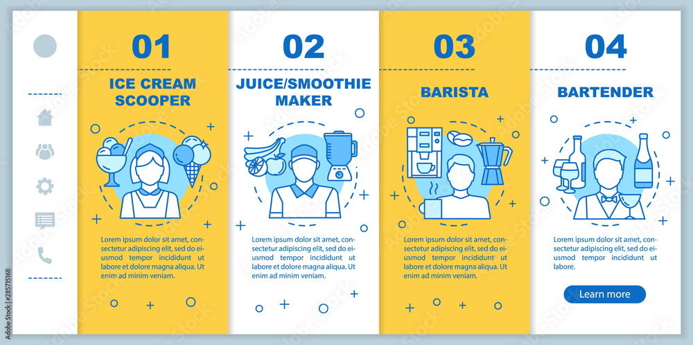 Naklejka premium Cafe & fast food part-time job onboarding mobile web pages vector template. Responsive smartphone website interface idea with linear illustrations. Webpage walkthrough step screens. Color concept