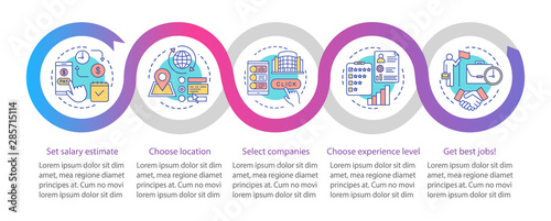 Searching part time jobs vector infographic template. Business presentation design elements. Data visualization with five steps and options. Process timeline chart. Workflow layout with linear icons
