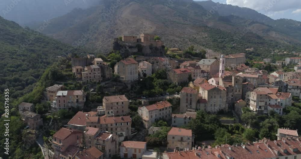 Corte / Corti, aerial lateral traveling, Corse