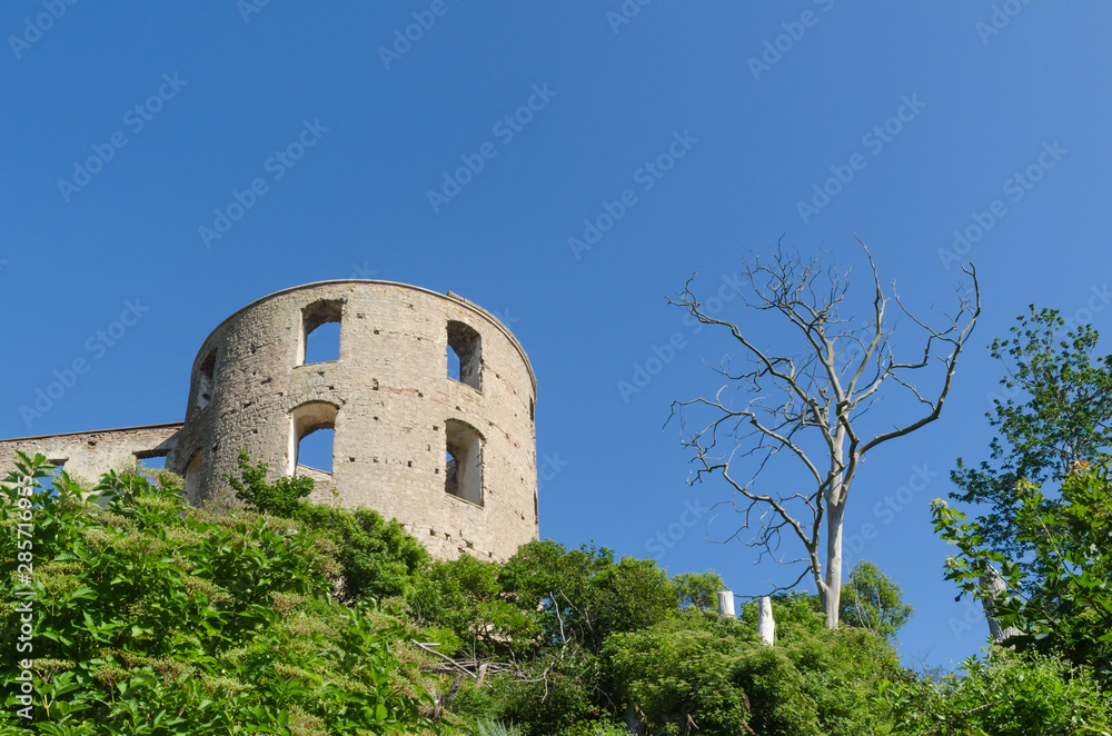 Tower of Borgholm castle ruin a landmark on the swedish island Oland Tower of Borgholm castle ruin a landmark on the swedish island Oland
