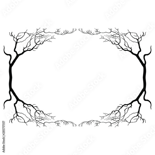 Oval floral frame with silhouetted bare trees. 