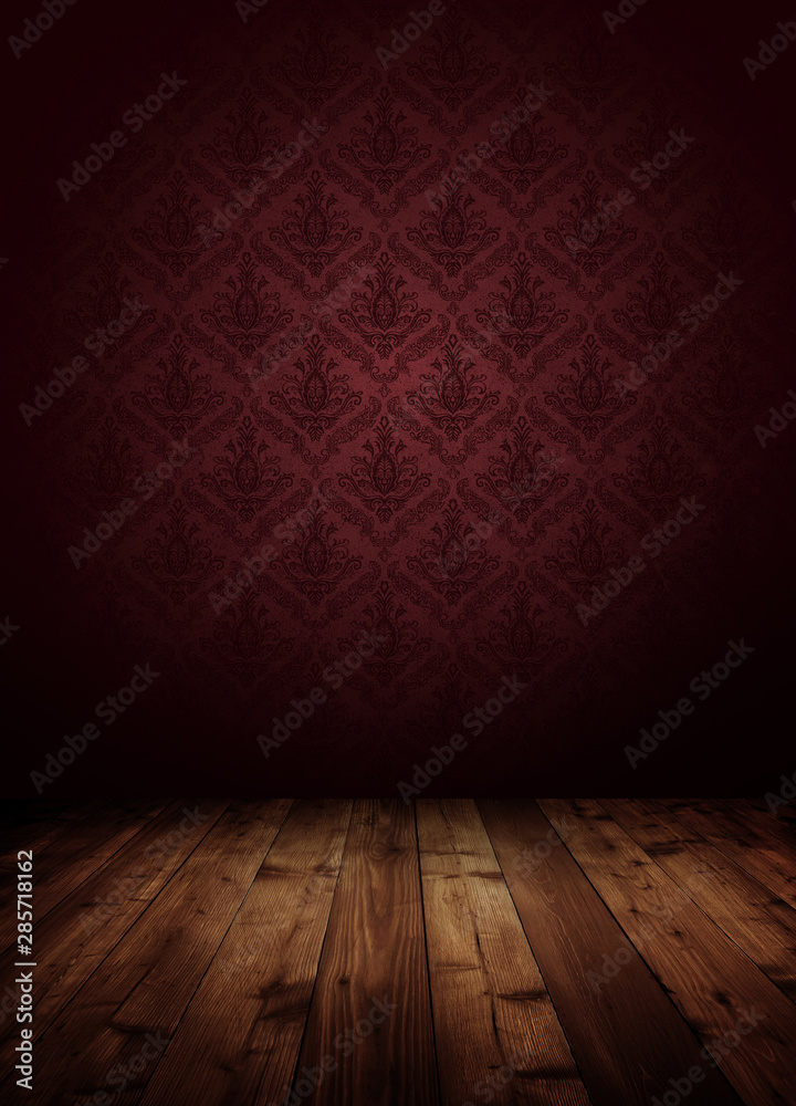 dark interior room with baroque wallpaper.