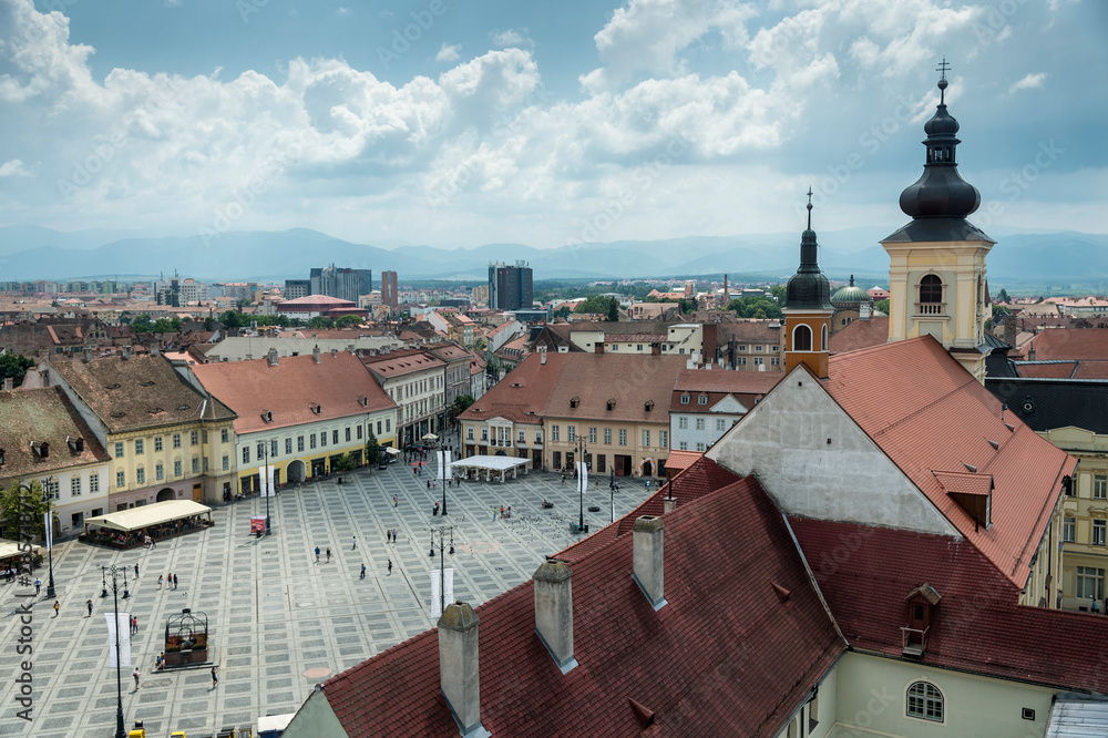 Aerial view of Piata Mare (Big Square) of the city of Sibiu, in Romania.