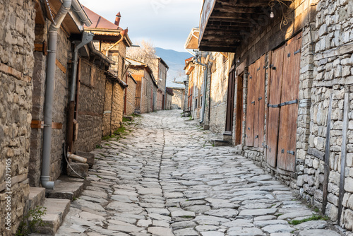 Cobblestone Huseynov street in Lagic village in Ismayilli region of Azerbaijan