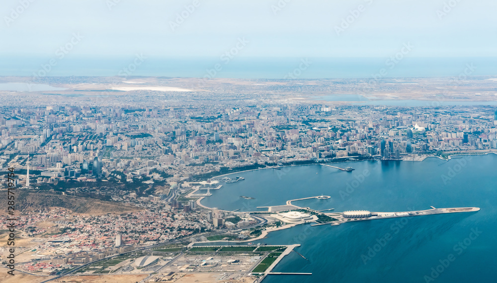 Aerial view over downtown Baku, Azerbaijan.