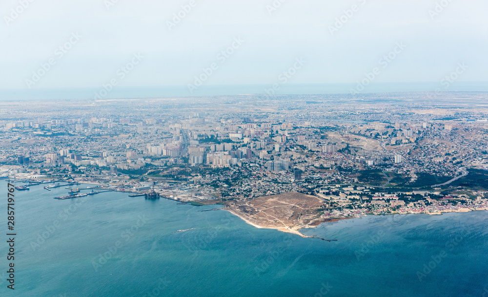 View over Sultan Burnu, Zygh, Akhmedly, Gunashli and Hazi Aslanov areas of Baku, Azerbaijan.