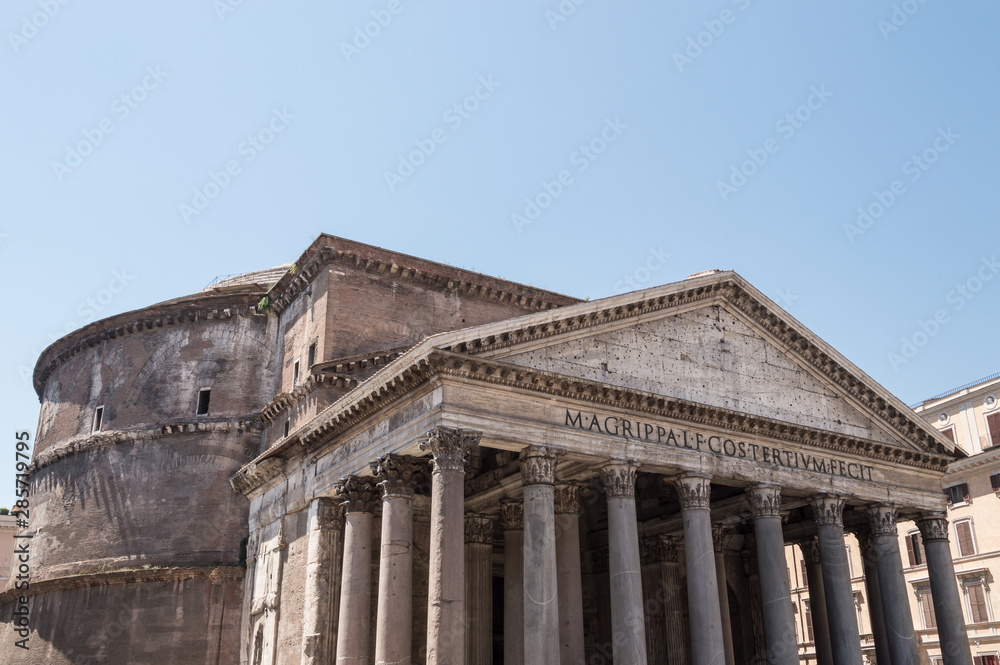 Landscape view of the facade of Agrippa's Pantheon and dome on a sunny summer day, Rome, Itally.  Constructed between 118 and 125 a.C. by Emperor Adriano