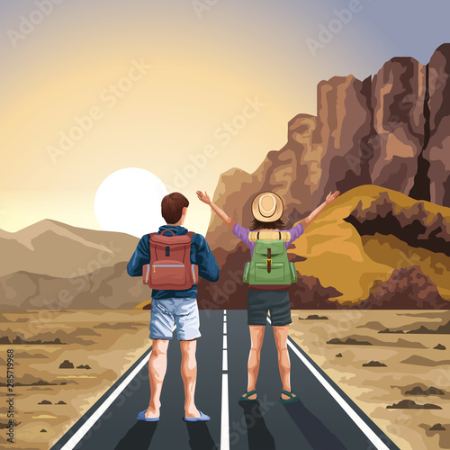 Backpack traveler couple in nature cartoons drawing art photo