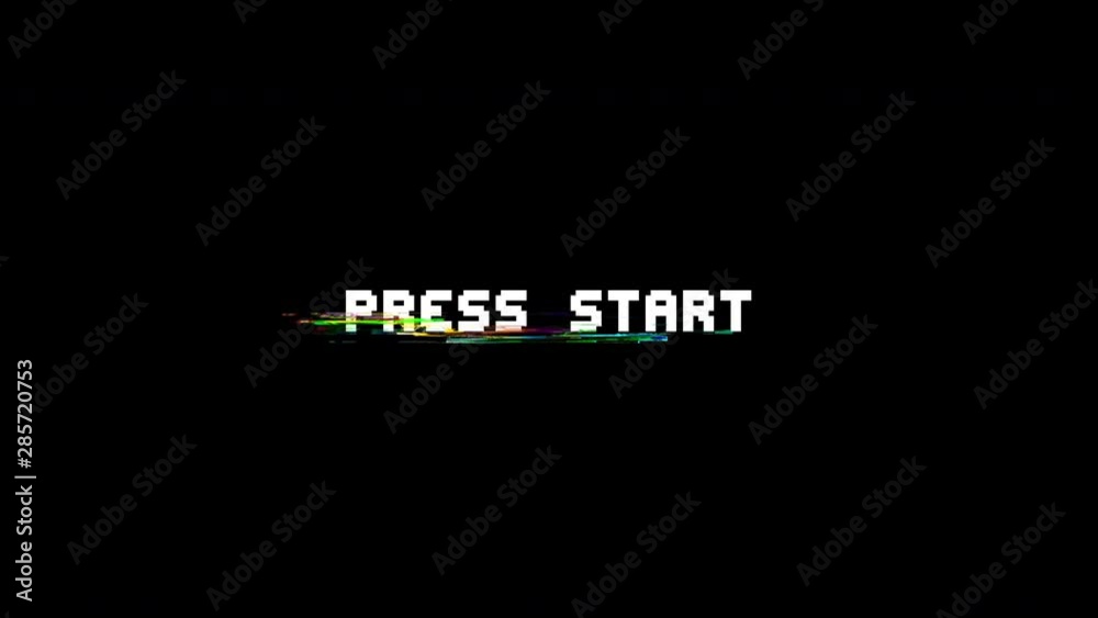 retro videogame PRESS START text computer HUD holographic glitch interference noise screen animation seamless loop