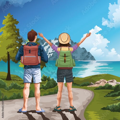 Backpack traveler couple in nature cartoons drawing art