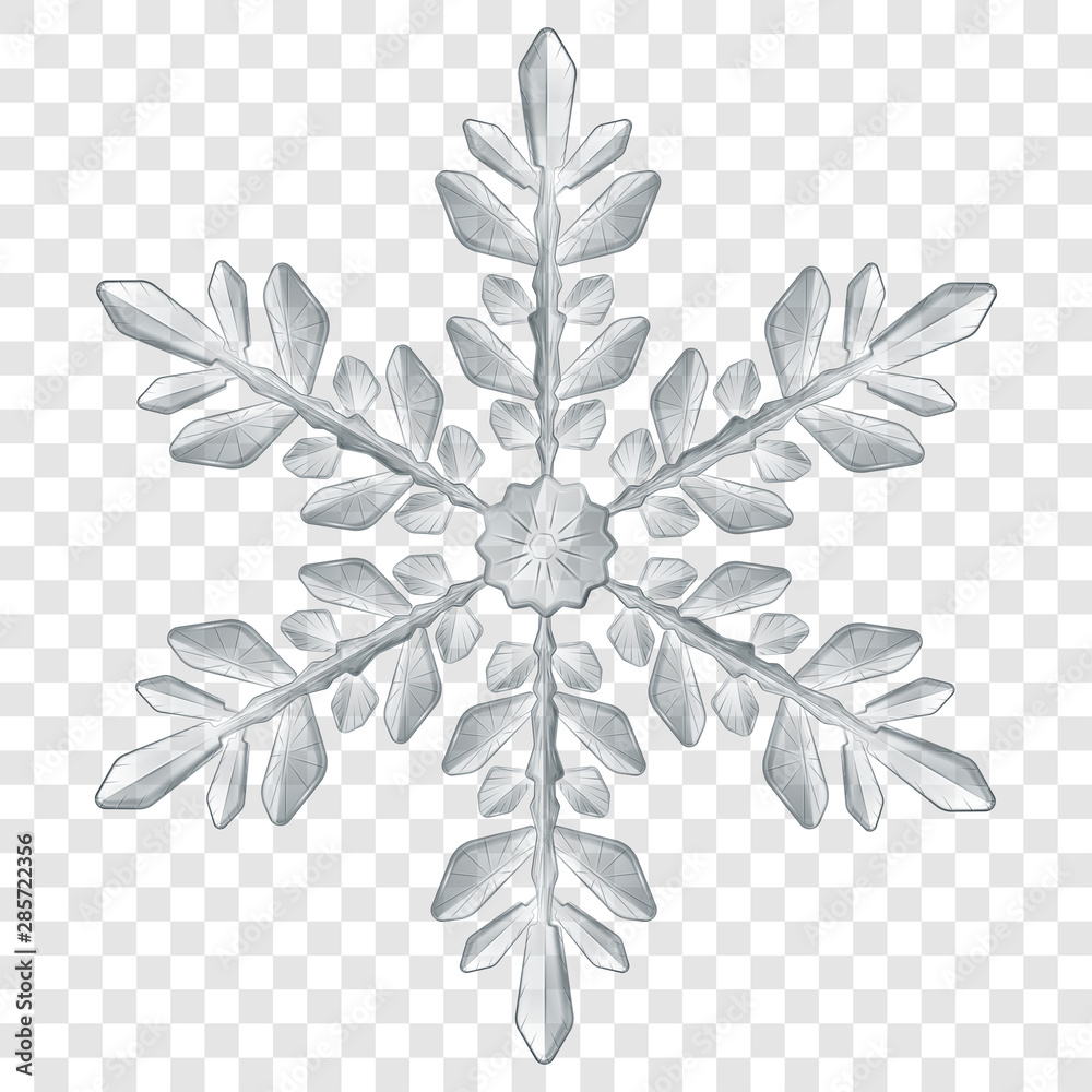 Big complex translucent Christmas snowflake in gray colors for use on light background. Transparency only in vector format