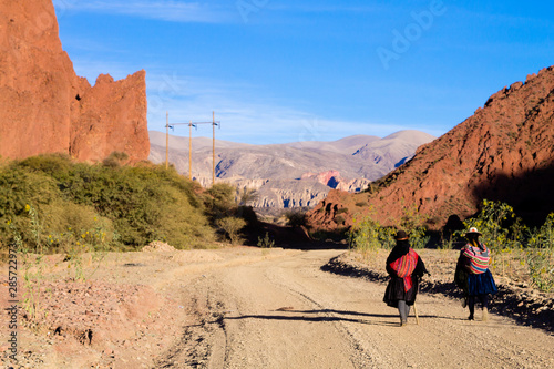 Bolivian people along dirt road,Bolivia photo