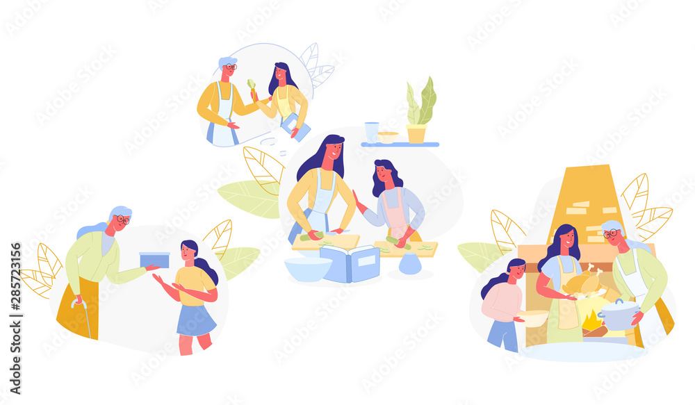 Set Family Learns Useful Cooking Skills Cartoon. Set Family Learns Useful Cooking Skills Cartoon.