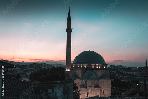 Sinan pasha mosque of Prizren, Kosovo in the evening sunset photo