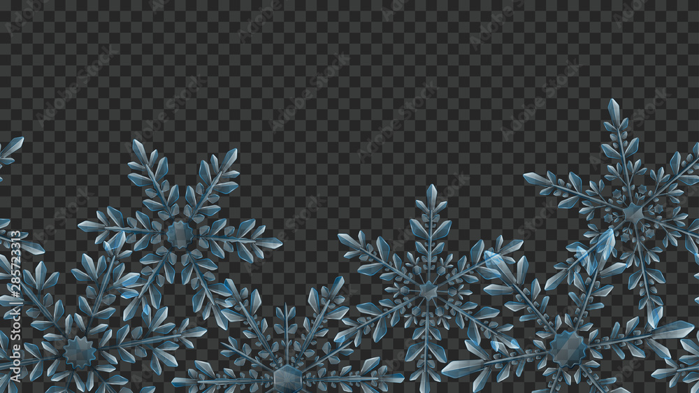 Christmas composition of large complex transparent snowflakes in light blue colors for use on dark background. With horizontal repeating pattern. Transparency only in vector format