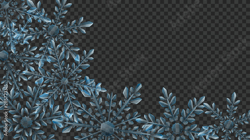 Christmas composition of large complex transparent snowflakes in light blue colors for use on dark background. Transparency only in vector format