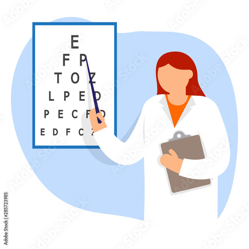 Doctor oculist pointing letters at eye chart