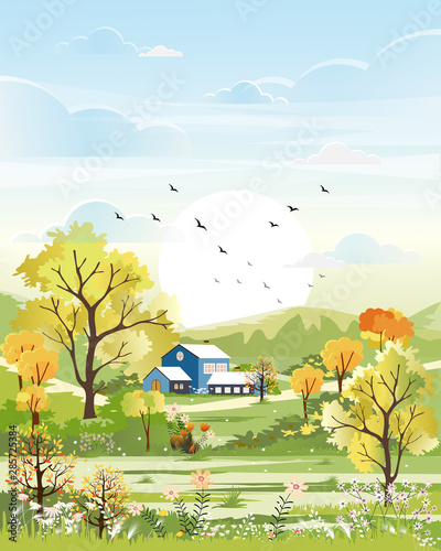 Fantasy panorama landscapes of Countryside in spring farm field, Panoramic of summer with blue sky, farm house, mountains, wild flowers  in green foliage. Natural background for banner