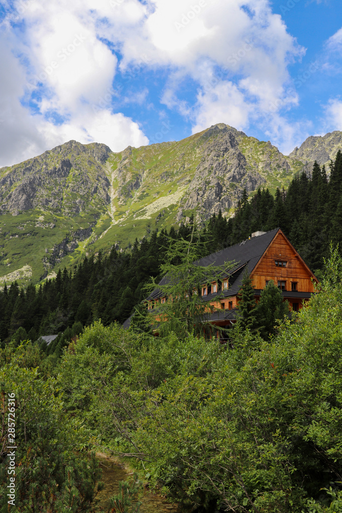 View of mountain peaks in summer time in High Tatras with cloudy sky. Poprad tarn, Slovakia.