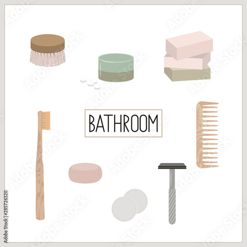 Set of vector elements, eco, green and zero waste lifestyle for bathroom cosmetics, hygiene, tooth brushing. For shop, article, website, illustration, infographic template.