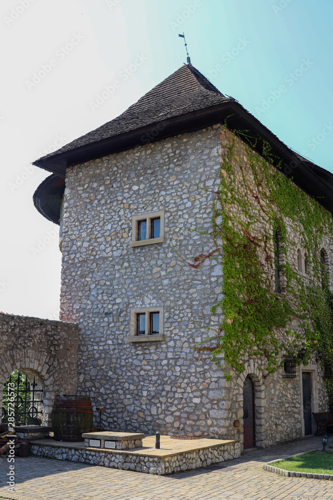 Historic courtyard of ancient castle with watchtower in Little Carpathians, Slovakia