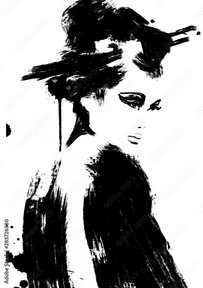 Abstract Geisha woman painting, black and white art. Portrait asian